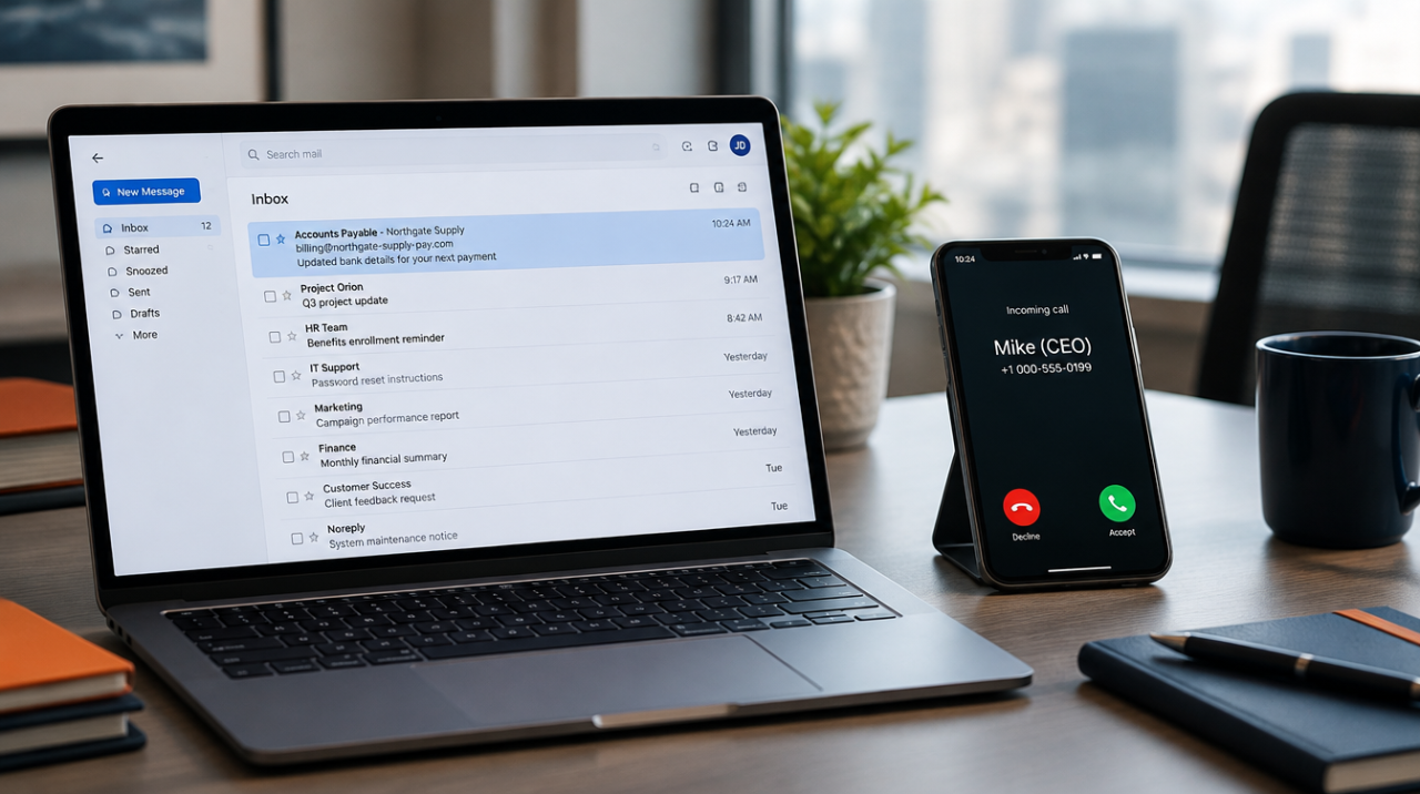 AI business scams: a lookalike vendor email and a spoofed boss call on an office desk